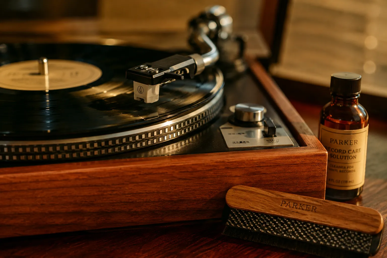 Close-up of a record player and cleaning tools