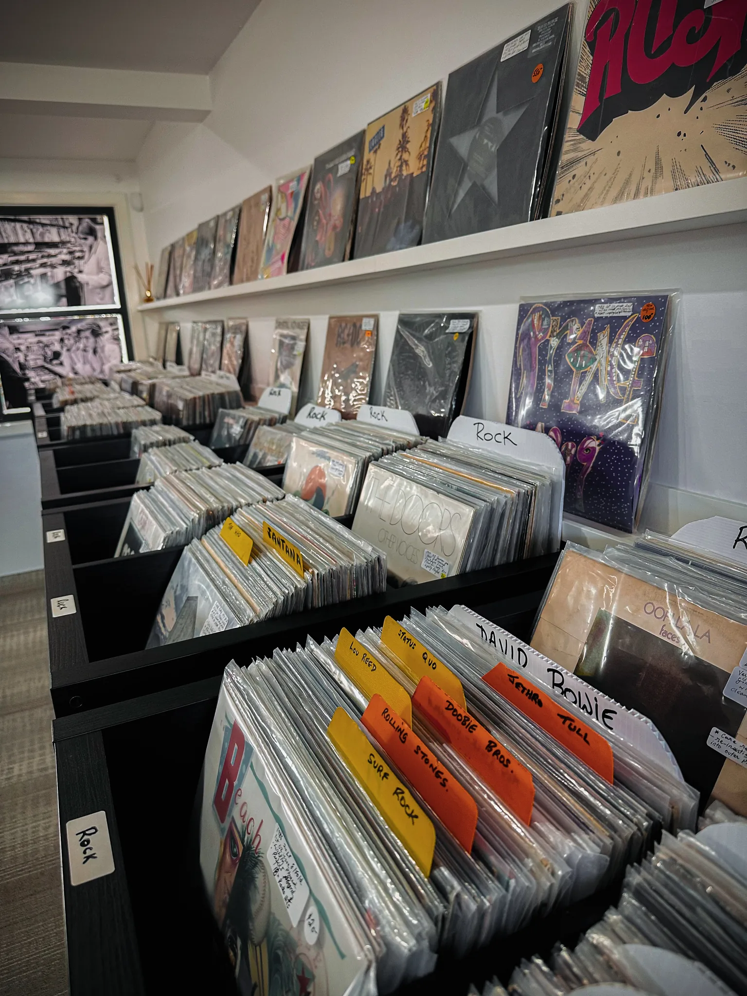 Crates of rock vinyl with handwritten genre dividers, and album covers displayed on the wall shelf above